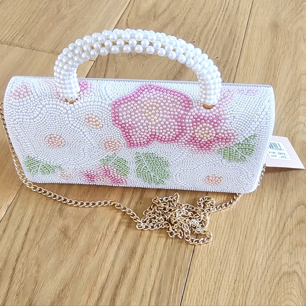 Savanna Pearl Beaded Floral Mini Top Handle Bag with Gold Chain Strap